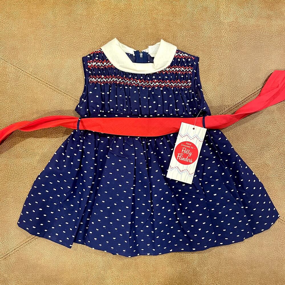 NEW Polly Flinders Toddlers Childrens Blue Polka Dot Hand Smocked Dress 2T